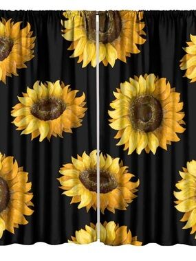 Sunflower Black Curtain Panel Set - Bright Yellow Floral